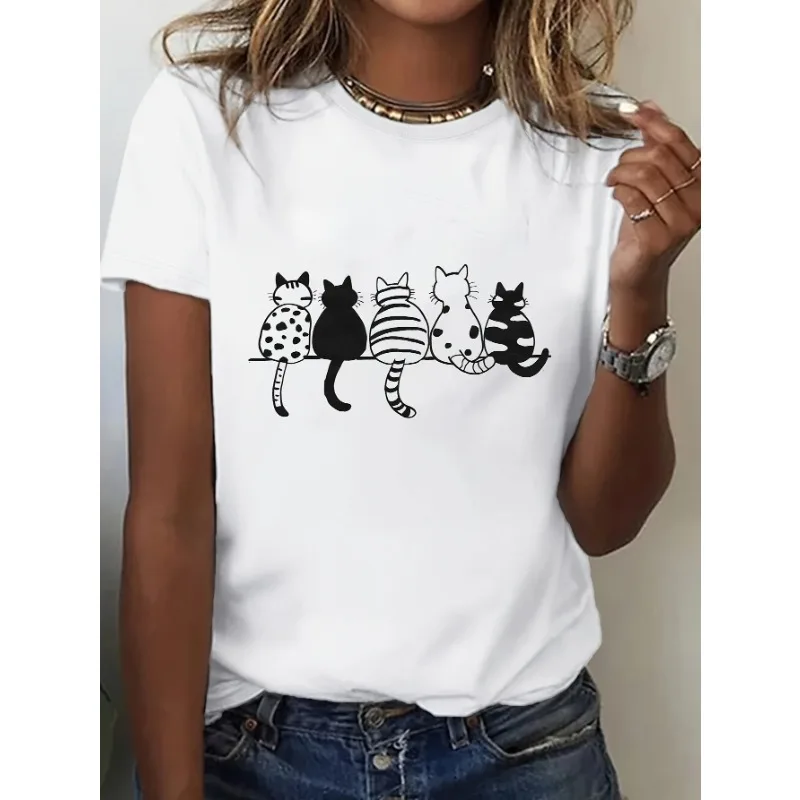 

Cute Cats Women's Comfortable Round Neck T-shirt Perfect Match with Spring/Summer Casual Fashion Women's Short Sleeve T-shirt