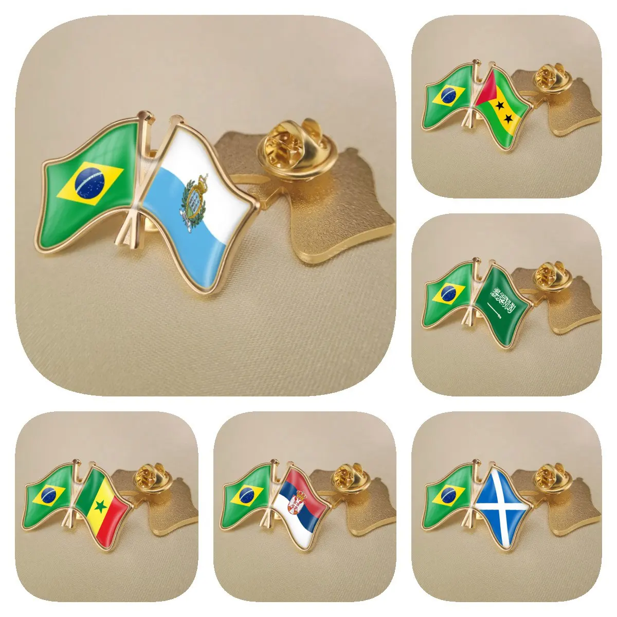 Brazil and San Marino Sao Tome and Principe Saudi Arabia Scotland Senegal Serbia Crossed Friendship Flags Lapel Pins Bradges