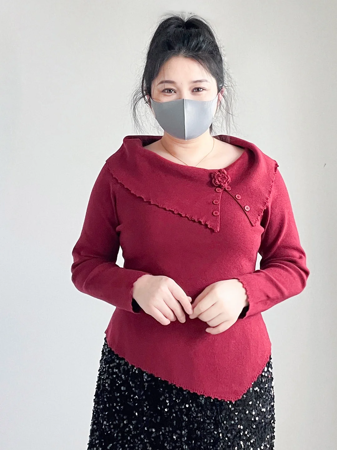 

plus Size Women's Red Knitted Sweater Casual Sle High Waist Design Skin-friendly Breathable Long Sve Casual Inner Wear