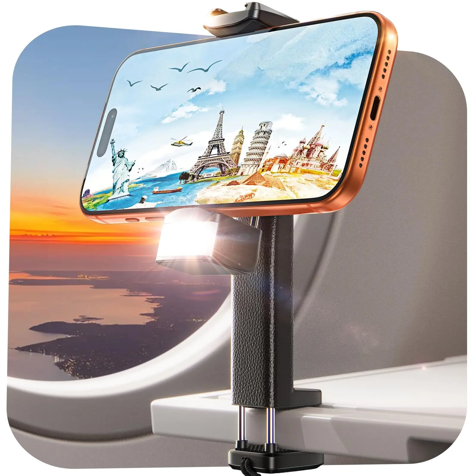 

LISEN Handsfree Airplane Phone Holder with Light 360 Rotation Phone Mount for Plane Seat Back Travel Flying Accessories