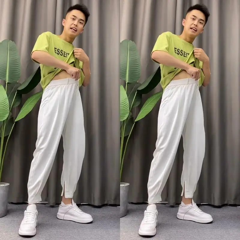 

Мужские повседневные брюки из ледяного шелка, тонкие брюки Qui Dry Summer Spor, свободный крой, девять очков, рабочая одежда, брюки, модные прямые брюки на молнии