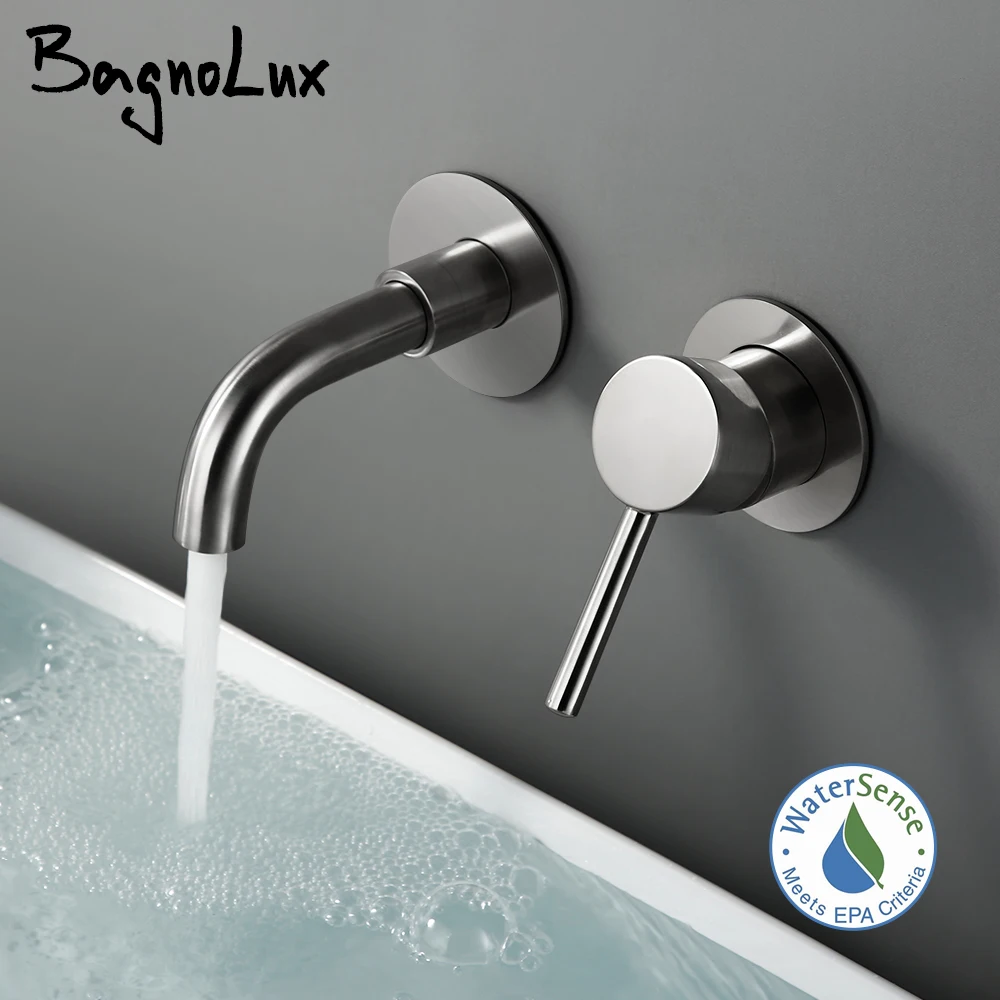 Bagnolux Ronda Stainless Steel Solid Brass Trim Taps 2 Hole Wall-Faucet Set Hot Anc Cold Water Bathroom Sink Mixer Small Tap