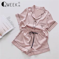 Satin Pyjama en soie pour femmes, 2 pieces ensemble Pj avec cœur brodé, vêtements de nuit