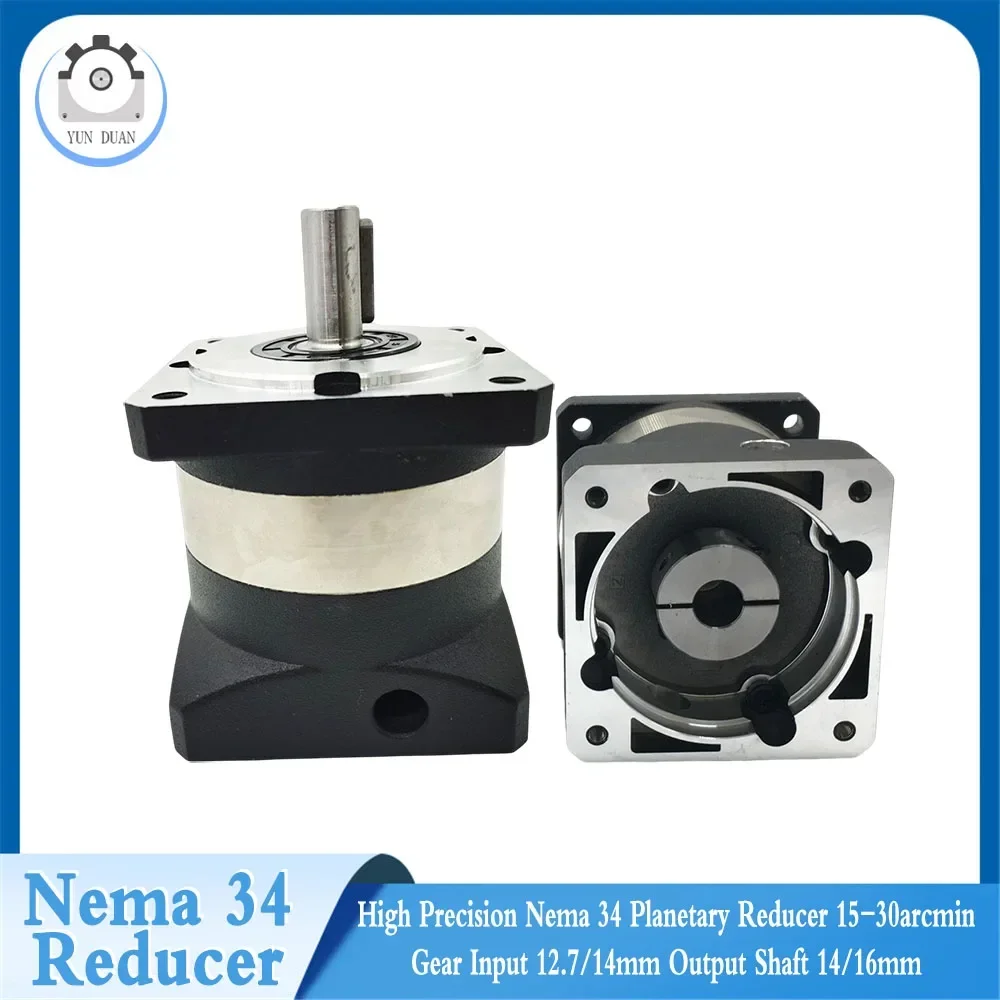 Motor de passo de alta precisão nema 34, redutor planetário 15-30 arcmin, relação de engrenagem 5:1-50:1, entrada 12.7/14mm, eixo de saída 14/16mm