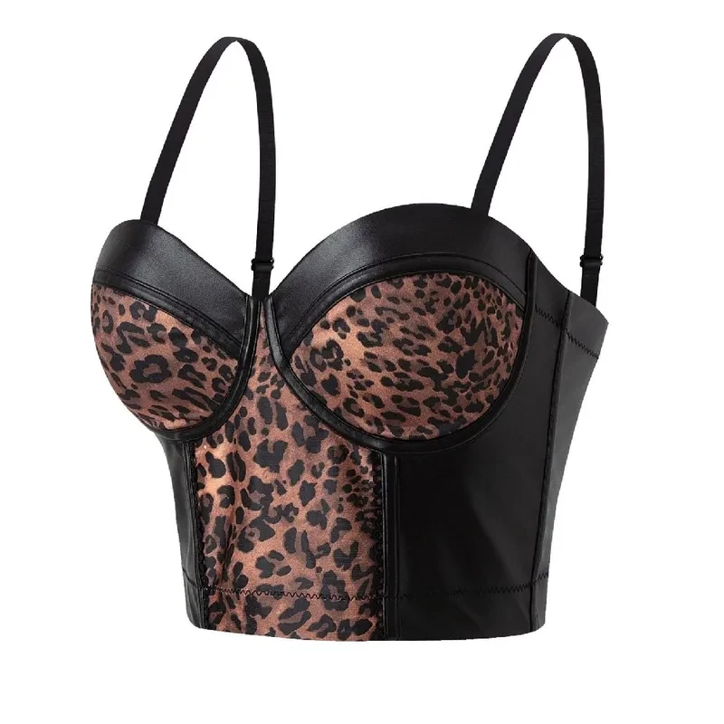 

Contrast Leo Printed PU Leather Corset Imitation Leather Biker Clothing Bustier Cropped Top Girls Punk Rock Club Party Camis