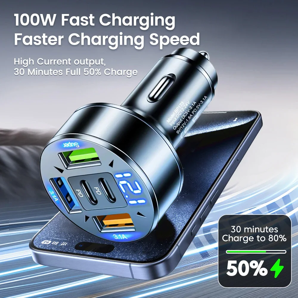 100W 5 Ports USB Car Charger Quick Charge PD For Xiaomi iPhone 12 13 14 Pro Sumsung Fast Charging Car Phone Type C Charger