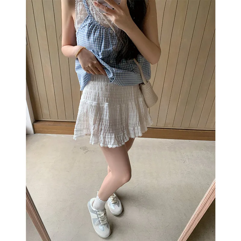 Saia curta de renda branca, primavera e outono verão nova saia de bolo estilo balé feminino, cintura alta linha a saia meia fofa