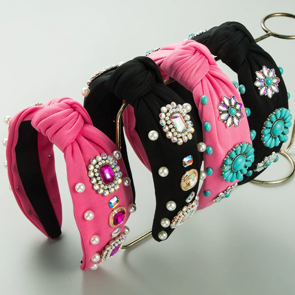 

New retro turquoise headband knotted bead inlaid glass drill band popular hair accessories hairpin