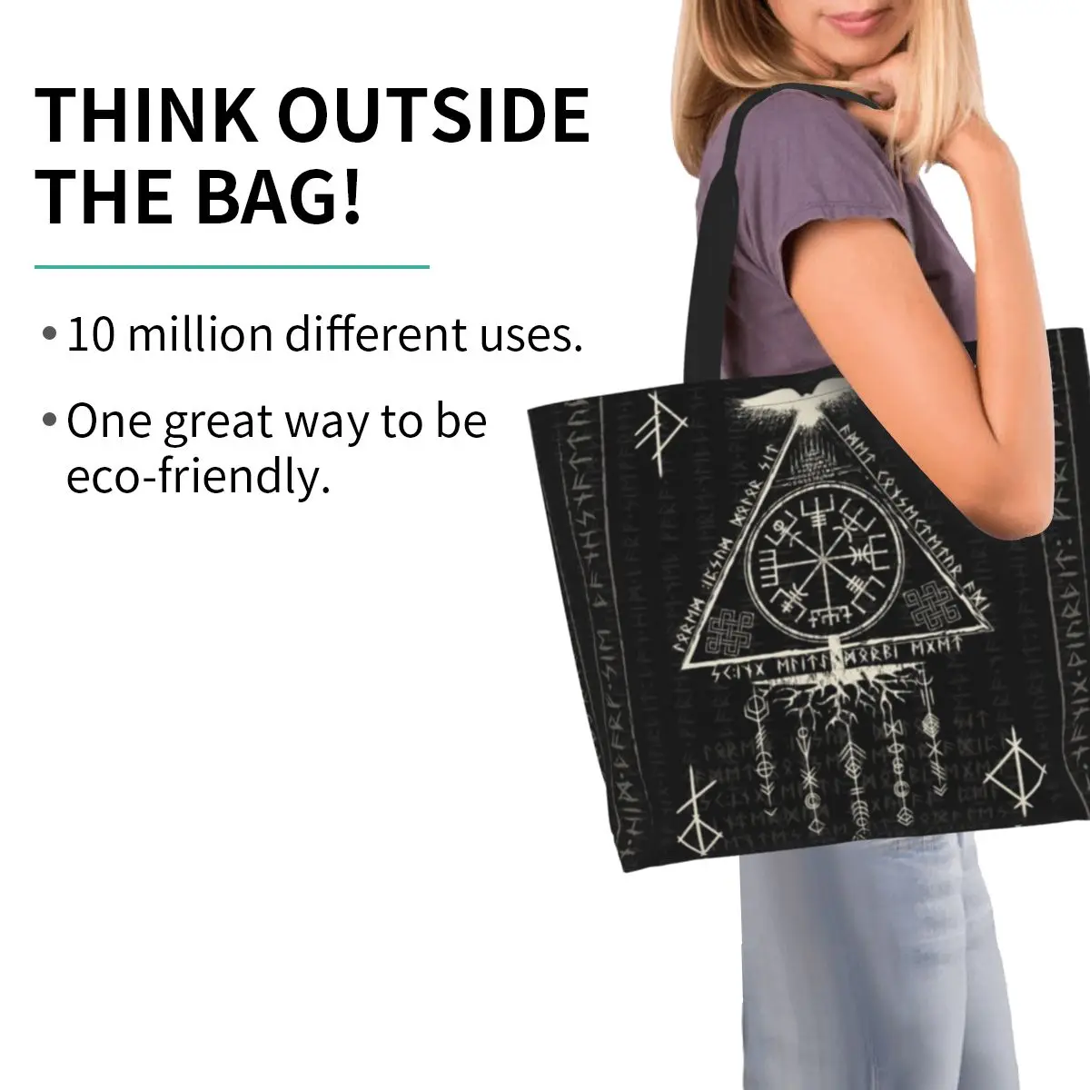 Viking Rune Triangle Design And Norse Symbols Shopping Tote Bag Canvas Shoulder Bags Shopper Grocery Handbag for Women