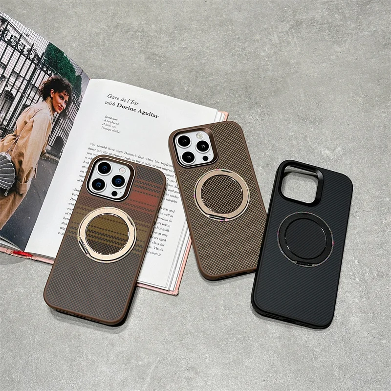 

Luxury Carbon Fiber Relief 360°Rotating Magsafe Bracket Phone Case For iPhone 14 15 16 Pro Max Metal Lens Matte Shockproof Cover