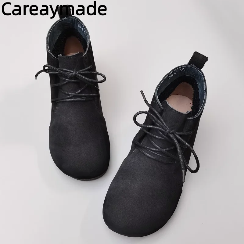 Careaymade-Genuine leather women\'s shoes flat soft TPR sole single shoes original handmade man\'s wool warm short boots big size