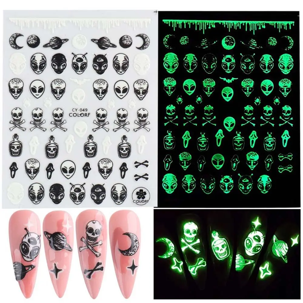 Halloween Party Skeleton Pumpkin Nail Art Decoration Luminous Nail Foils Fluorescent Nail Decals Halloween Nails Stickers