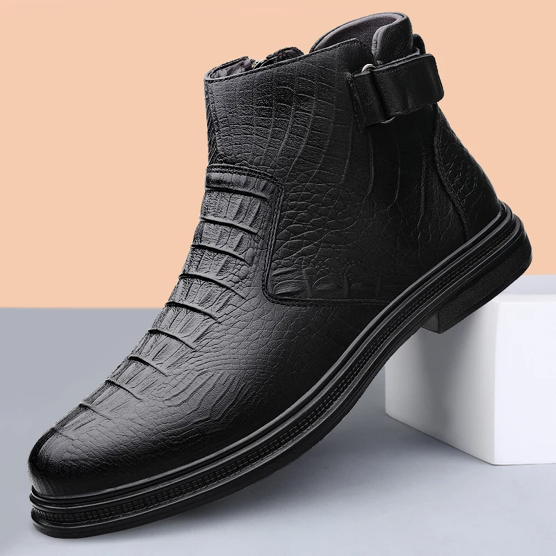 

Winter Men's Genuine LeatherWarm Cotton Zipper Snow Ankle Boots Outdoor High Top Comfortable Warm Business Casual Shoes for Men
