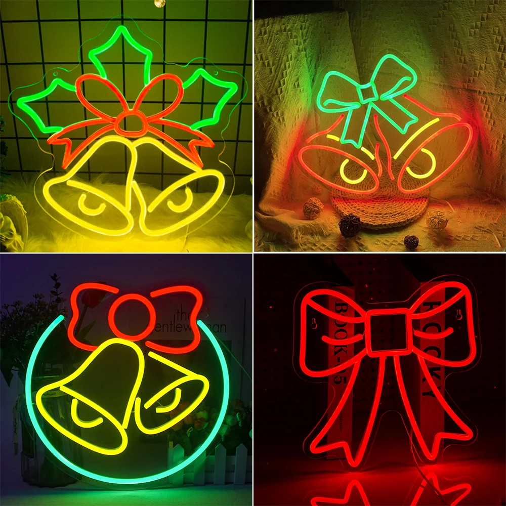 

Christmas Neon Sign Christmas Bells Bow Tie Christmas Tree Decor Neon Wall Decor With Dimmer For Bedroom Decor Shop Party Lamp