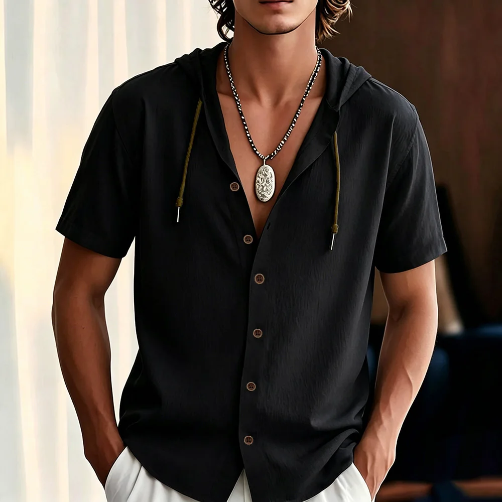 Men's Cotton Linen Hooded Shirt Breathable Lightweight Vacation Shirts Single Breasted Stylish Tops Male Fashion Streetwear