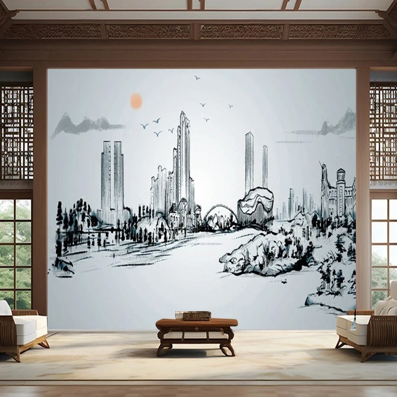 Modern Hand-Drawn City Ink-Wash Abstract TV Room Decoration Kitchen Wall Sticker Custom Mural Pattern Background Wall