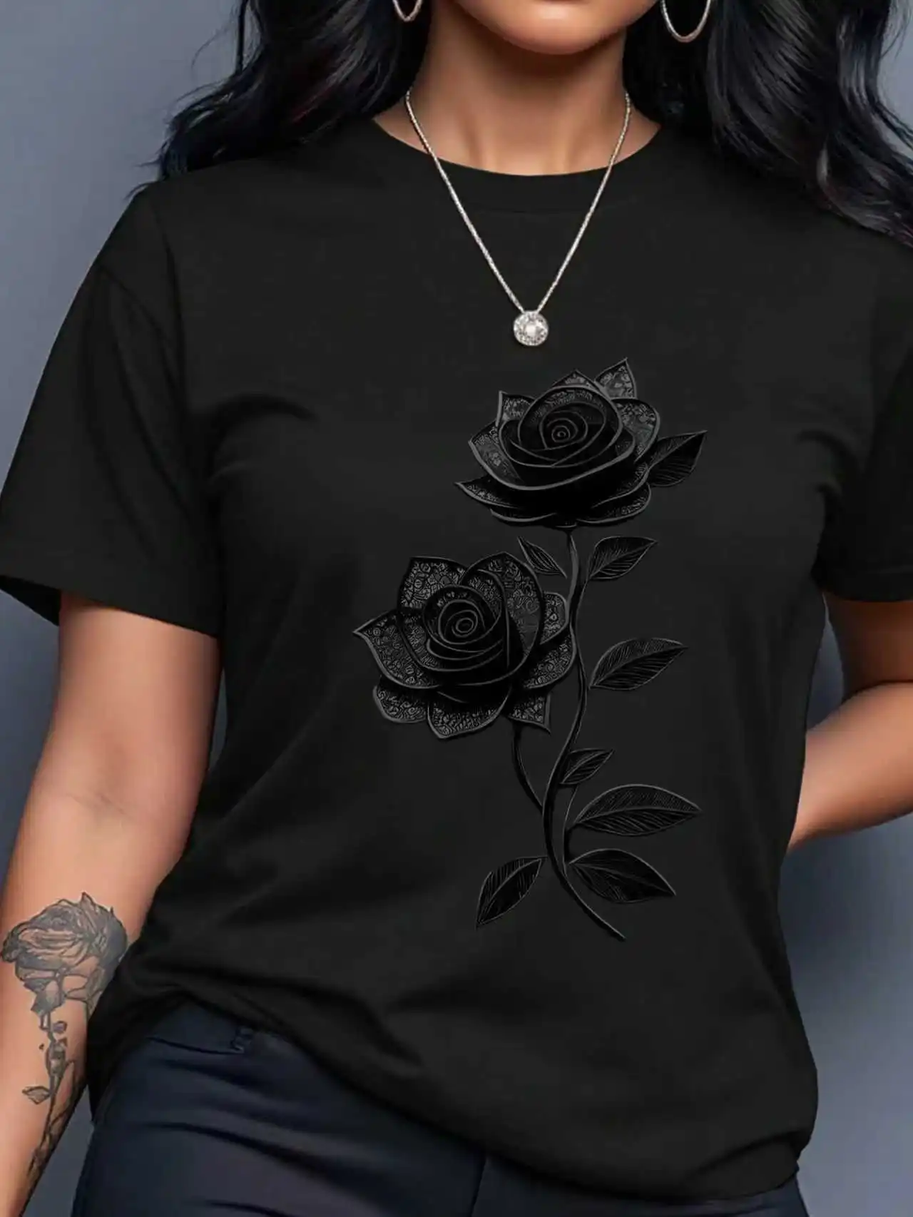 

Vintage Gothic Double Rose Design! Plus Size Women's T-Shirt, Sweet & Cool, Sexy, Slim-Fit and Versatile Style