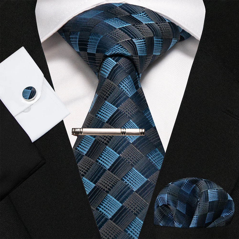 KAMBERFT Marineblau Gestreifte Seidenkrawatte für Herren, Modisches Design, Geschenkset mit Taschentuch und Manschettenknöpfen, Business-Party-Gravata – Detail 22