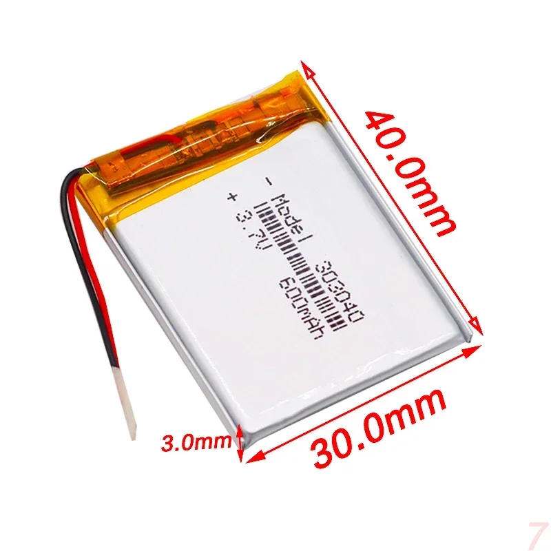 303040 Lithium Polymer Battery Rechargeable Li-ion Battery 3.7v 600mAh With PCM For GPS MP3 MP4 MP5 PDA LED Light