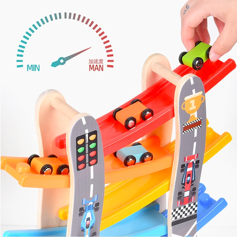 컬러풀 슬라이드 장난감: 카트가 트랙을 미끄러져 다가오며, 색깔을 분류하면서 물건을 운반합니다. 아이들은 언덕을 미끄러지면서 즐겁게 놀아요!