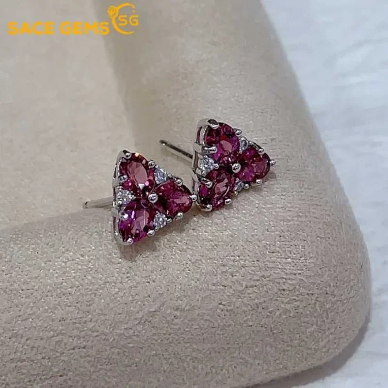 

SACE GEMS Fashion Drop Earrings for Women 925 Sterling Silver 3*4MM Natural Garnet Stud Earrings Wedding Party Fine Jewelry Gift