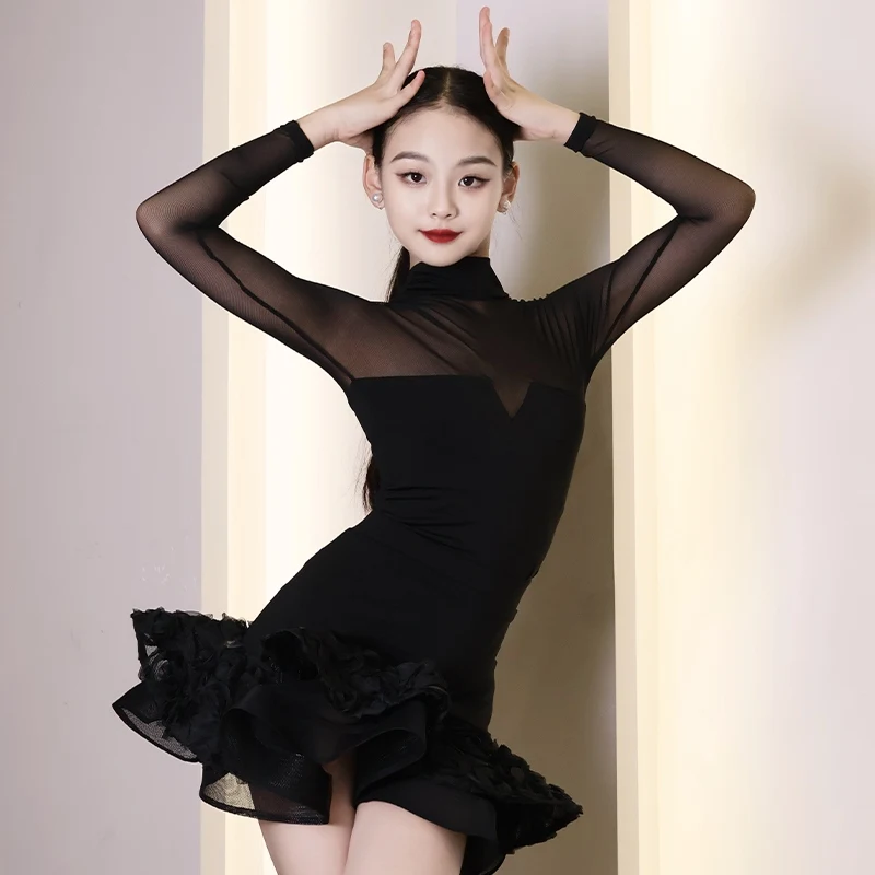 Girls Black Latin Dance Dress Mesh Long Sleeves Fishbone Dress Performance Dance Costume  Rumba Cha Cha Practice Dress view 2
