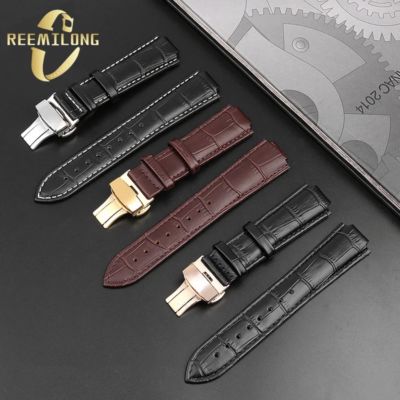 Cowhide lea/ther watch strap 18*10 21*12mm Convex joint black brown white lines men women watchband For Louis Vuitton LV Tambour