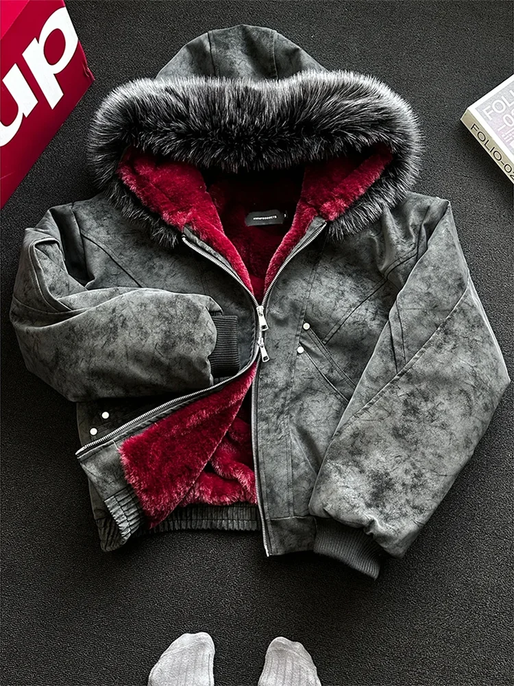 

Bla Red Inner Mountain Eagle Thiened Fce Cotton Jaet Men's Faion Brand High-End ort Wide Fur Collar Cotton ...