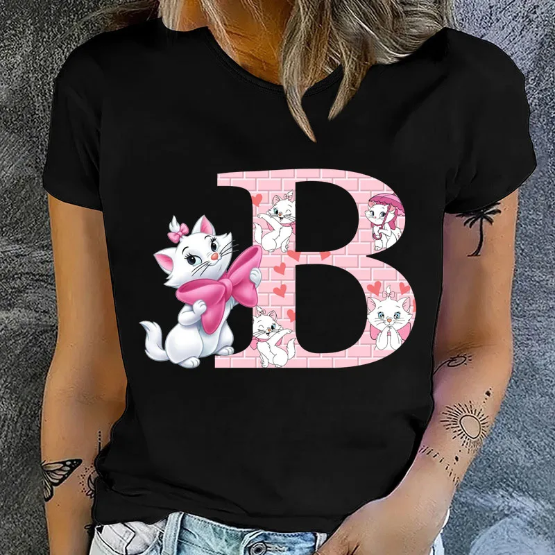 Camiseta con estampado de letras en inglés para mujer, ropa con estampado de Los Aristogatos Marie Cat A-Z 26, A, B, C, D, Tops de verano de dibujos