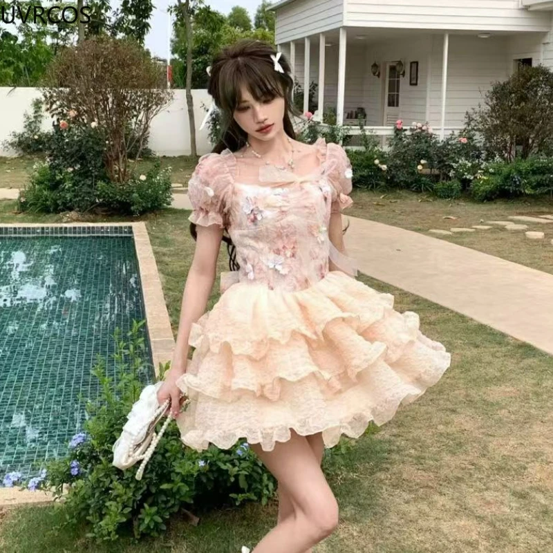 Summer Sweet Lolita Party Mini Dress Women Kawaii Lace Bow Ruffles Flowe Fairy Dresses Female Korean High Waist Princess Dresses