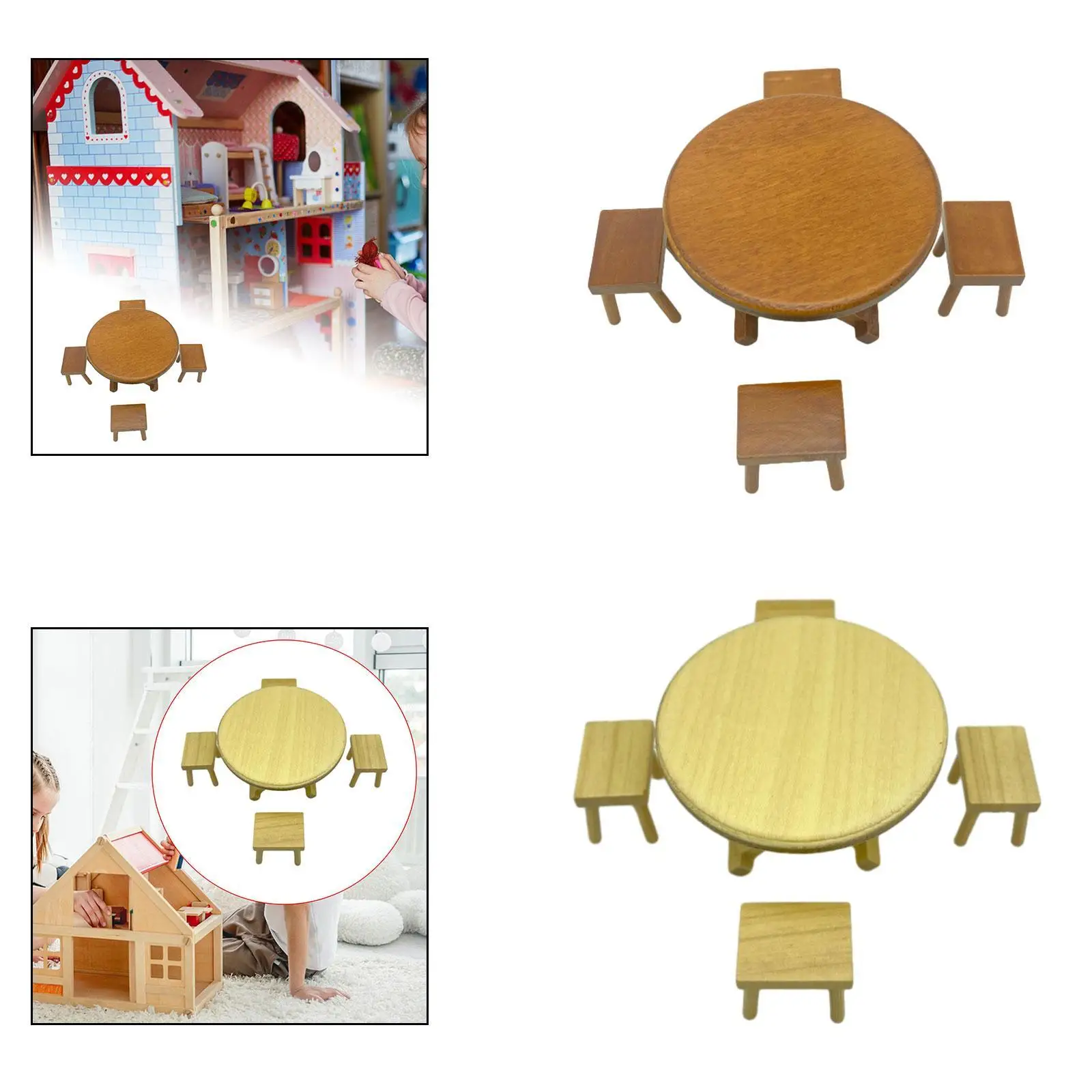 Ensemble de modèles de chaise de table à manger en bois, mini table et tabouret en bois 1:12,