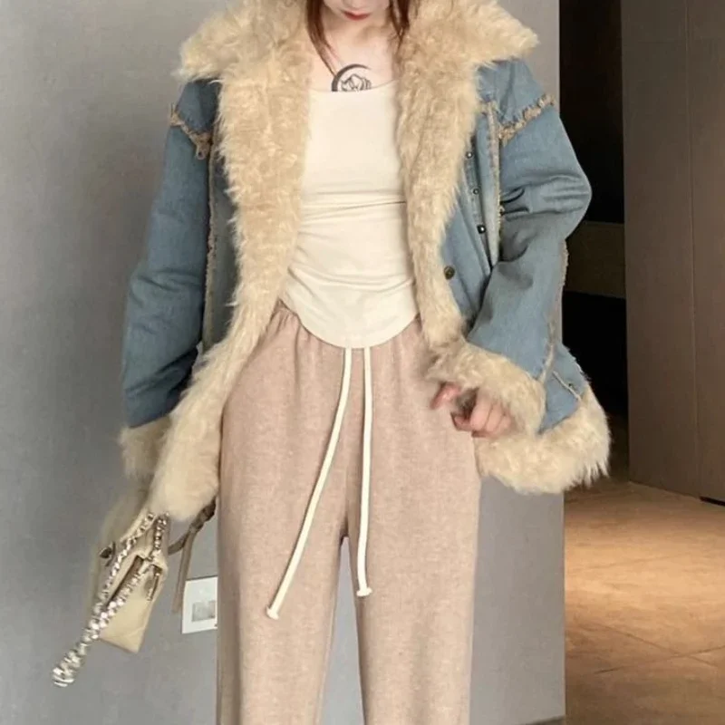 

Vintage Denim Jacket Women's Fur Collar Winter Padded Thickened Cotton Clothes Versatile Loose Cardigan Top