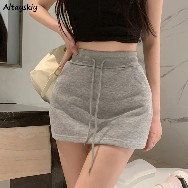 Women Sporty Mini Skirts Leisure Drawstring Minimalist All-match Hot Sweet Feminine Slim Fashion Plain Elastic Workout Faldas