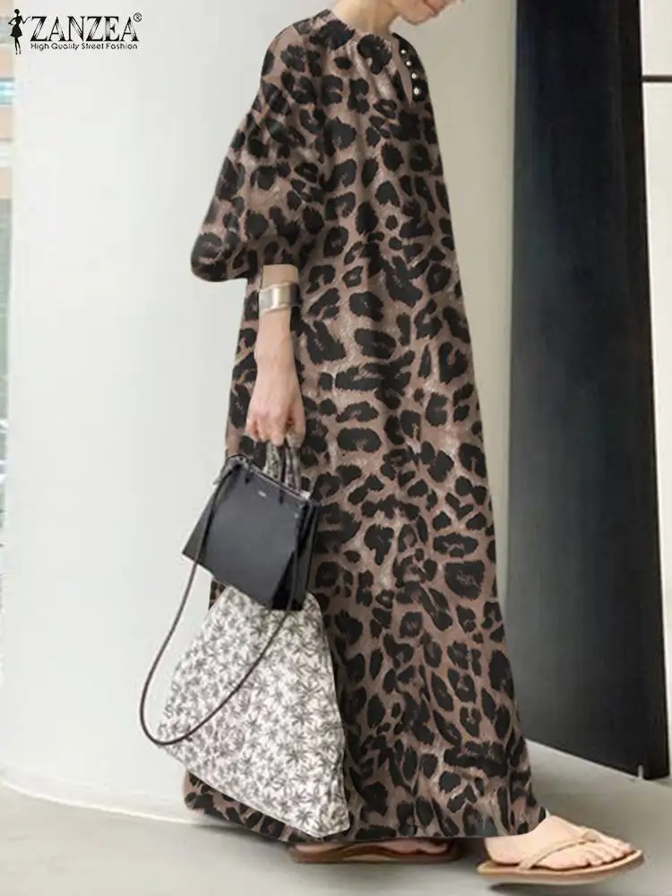 Herbst Mode Leopard Maxi Kleid Frauen Baggy Sommerkleid ZANZEA Casual Puff Sleeve Lange Vestidos Weibliche V-ausschnitt Gedruckt Robe Femme