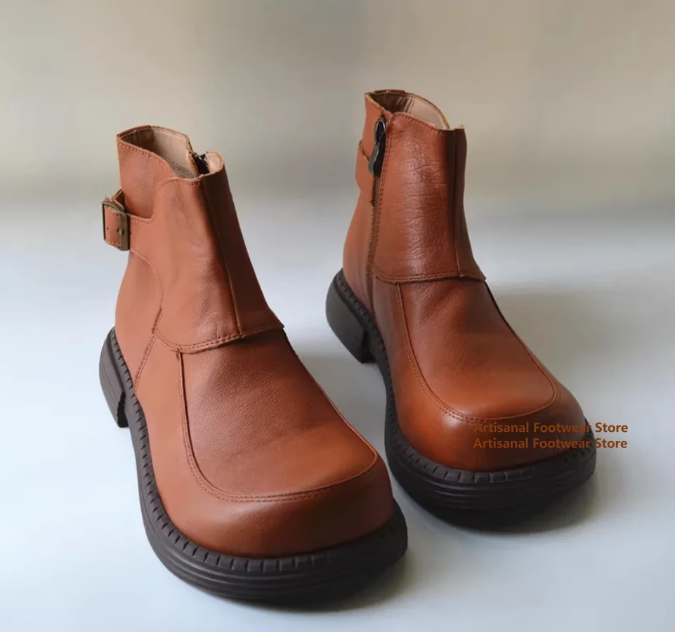 

Men's High Top Side Zipper Boots Black/brown Buckle Design Short Boots Leather Casual Shoes Trendy Big Round Toe Derby Shoes