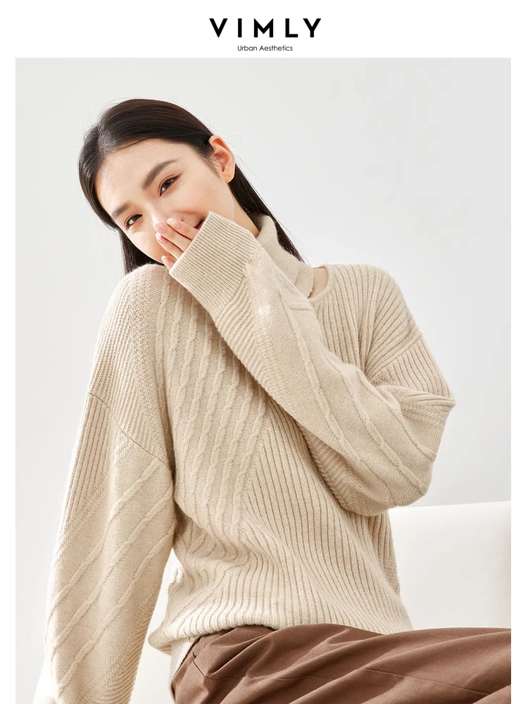 Vimly Turtleneck Hollow Out Knitted Sweater 2023 Winter Thick Warm Loose Pullovers High Strecth Female Jumpers Knitwear 72620