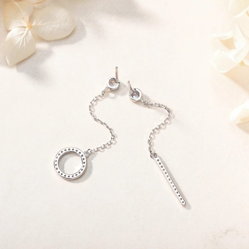 Fashion Elegant Asymmetry Strip & Round Zircon Long Chain Drop Earrings For Women 925 Sterling Silver Jewelry Fine Birthday Gift
