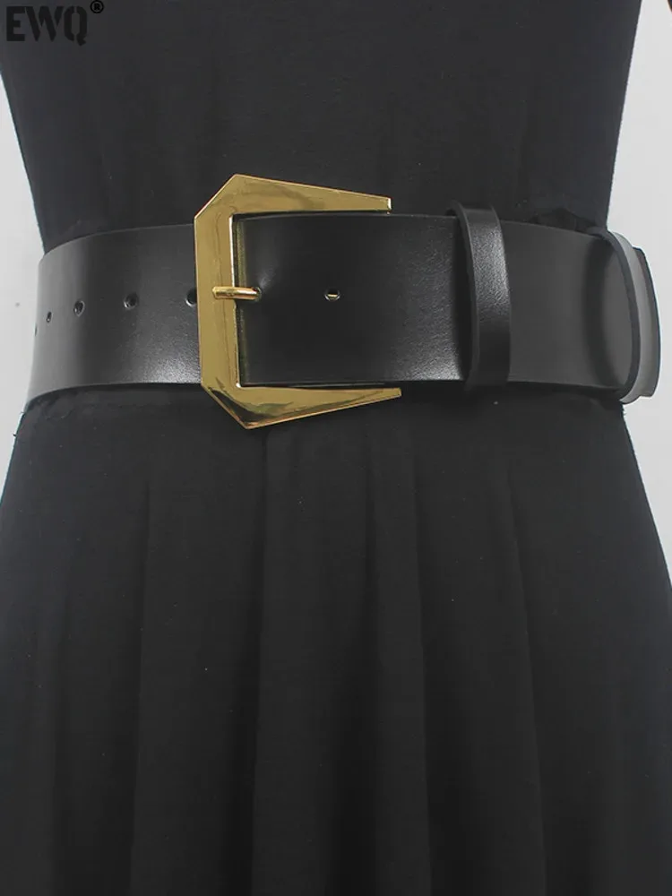 [EWQ] Metal Buckle Design Simple Fashion Tide Black Brown Women All-match Long Wide Leather Belt 2024 Spring Autumn New 16O2667