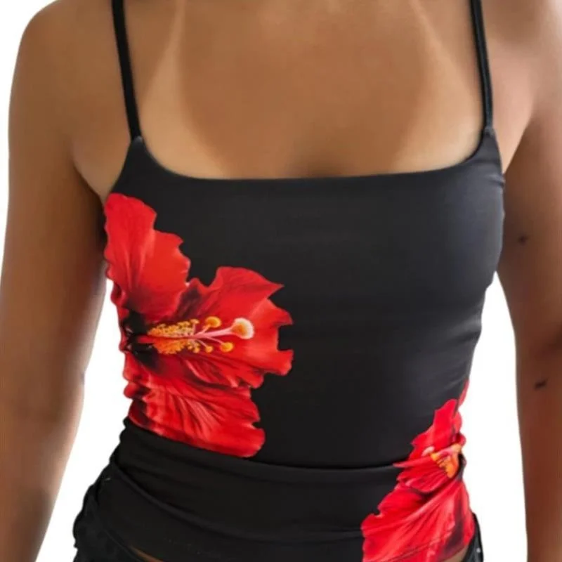 Off-Shoulder-Svel-Damenoberteil mit Blumendruck, rund, schmale Passform, Weste, Länge, A-Linien-Design, Innenbekleidung