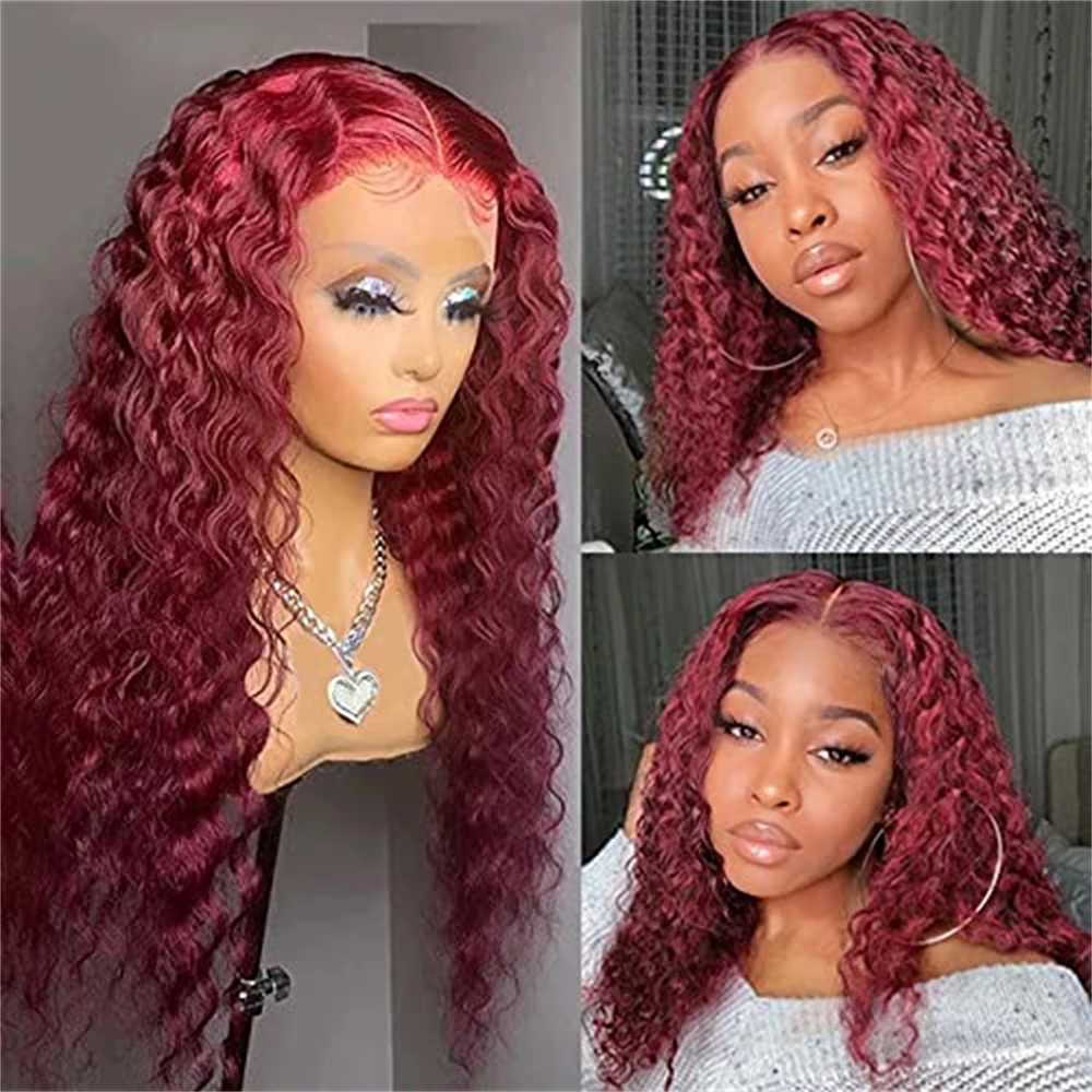 

99J Burgundy Deep Wave 12A Lace Frontal Human Hair Wig For Women Transparent Human Hair Lace Frontal Wig Pre Plucked