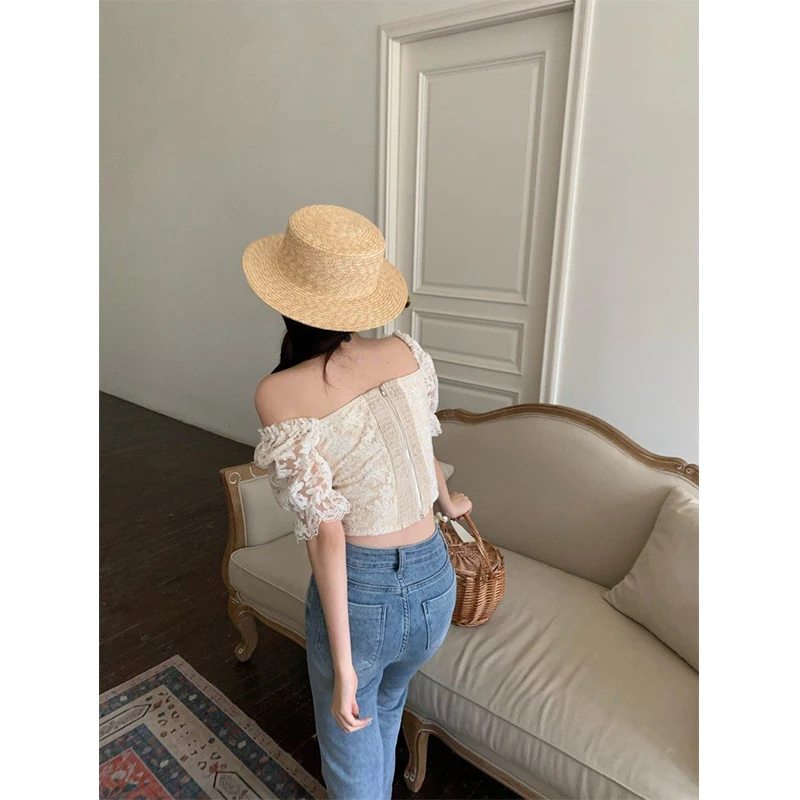 MEXZT Elegant Slash Neck Shirts Women Summer Lace Patchwork Crop Tops Sweet Korean Square Collar Puff Short Sleeve Slim Blouses