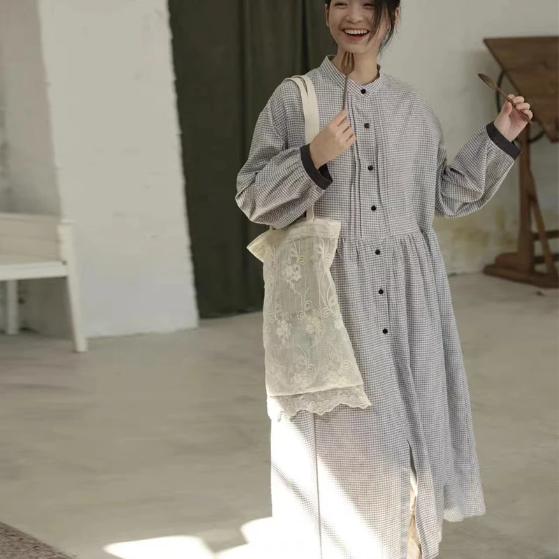 Johnature Japanese Plaid Long-sleeved Shirt Dress Women 2024 Autumn New Loose Cotton Vintage Mori Hit Color All Match Dresses