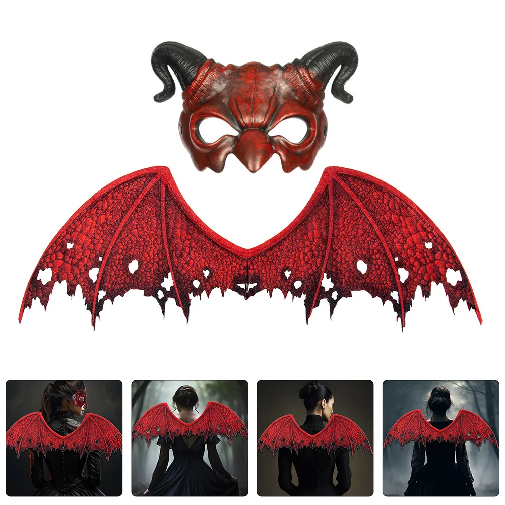 Set Sayap Topeng Kostum Halloween Properti Setan dan Balaclava Setengah Wajah Kain Non-woven Cosplay
