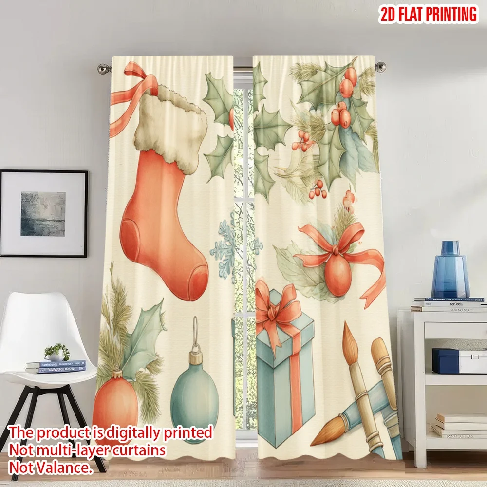 

2pcs 2D flat printing Christmas Curtains Christmas Holly Baubles Stockings Present Digital Printed Polyester Drapes Party