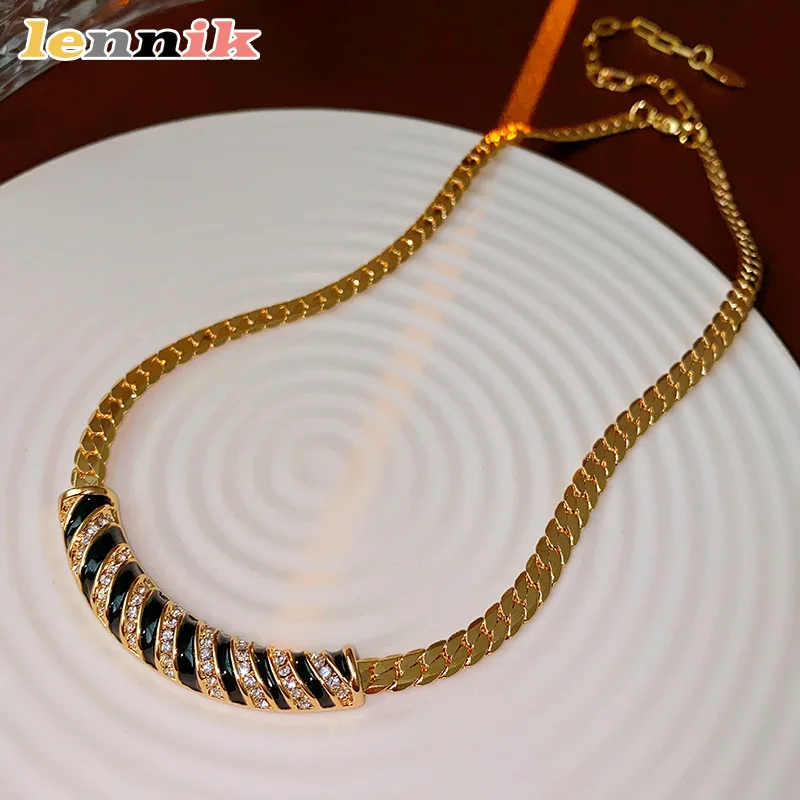 LENNIK سلسلة الترقوة المطلية بالذهب الحقيقي الماس، قلادة عتيقة على شكل قوس يقطر الزيت، مجوهرات نسائية فاخرة خفيفة #3