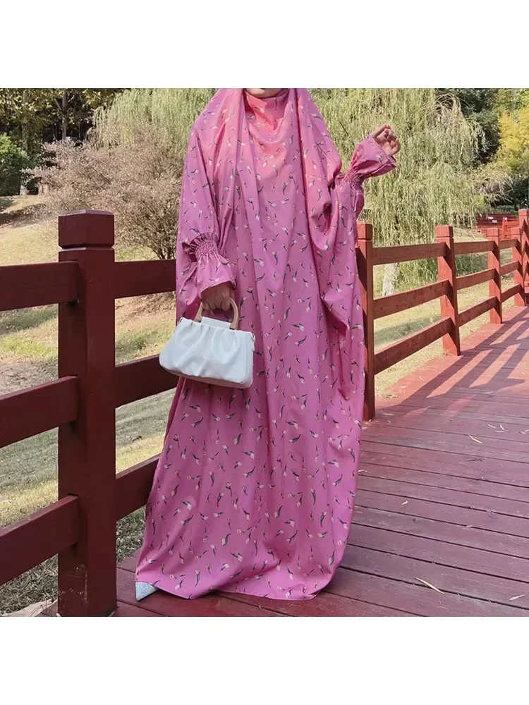 

5 Colors Muslim Abaya Women One Piece Printed Hooded Prayer Dress Muslim Abaya Fashion Dress Ramadan Modest Outfits Dubai Robe