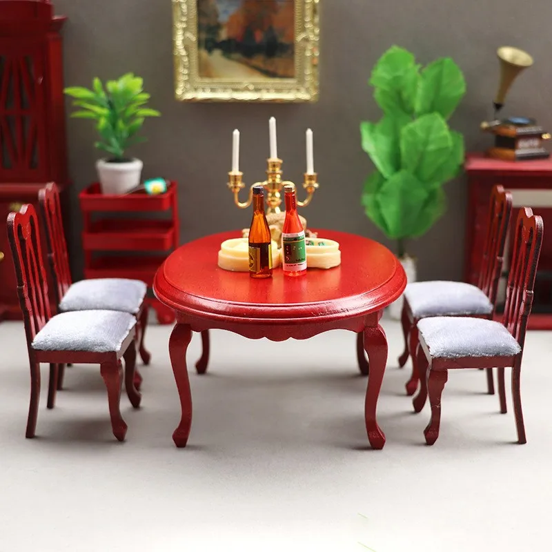 

1:12 кукольный домик, миниатюрная модель мебели, сцена ресторана, европейский стиль, цвет красного дерева, обеденный стол, набор стульев, игрушки для кукольного дома