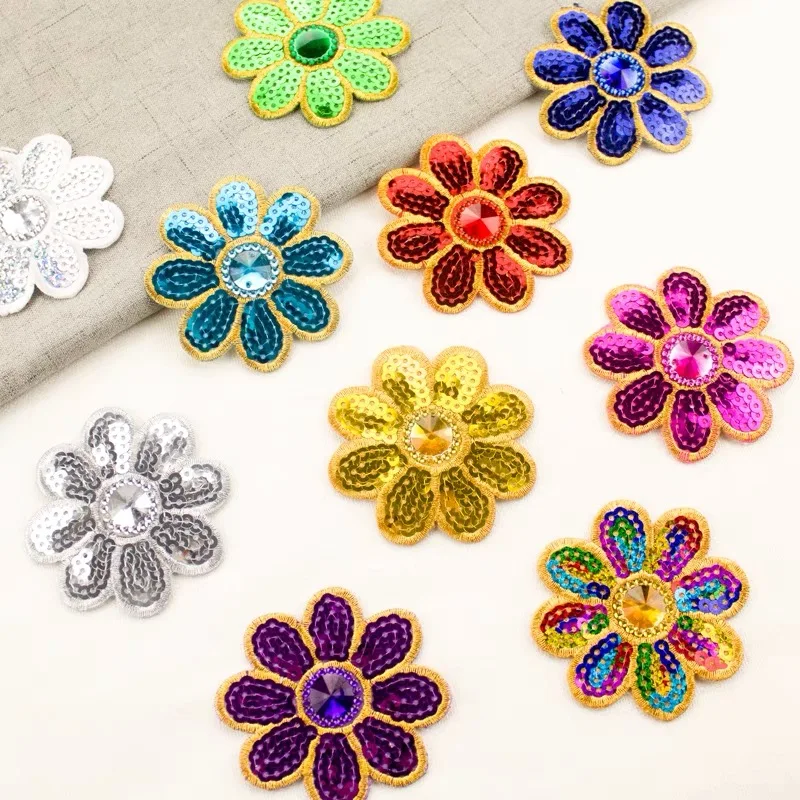 2PCS/Lot 7.5cm Glitter Flower Patch DIY Iron On Stickers for Sweater Dress Shirt Sewing Fabric Appliques Handmade Badge