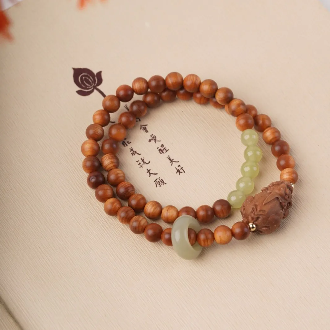 Aged Thuja Sutchuenensis Double Loop Bracelet DIY Fortune Pixiu Style 8mm Thuja Buddhist Beads for Men and Women Gifts