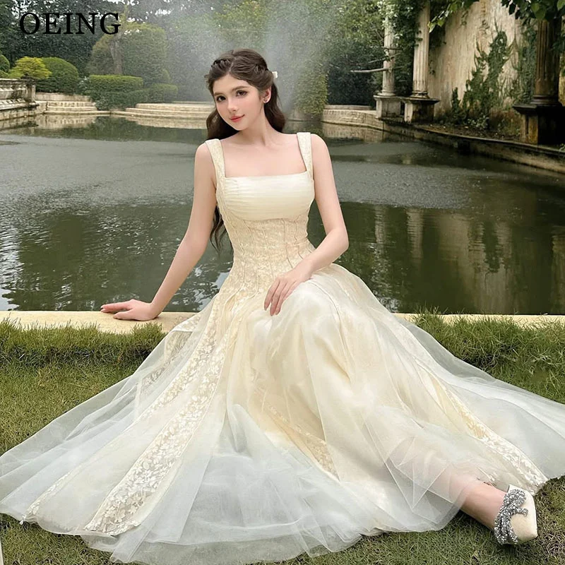 

OEING Charming A-Line Prom Dresses Square Collar Lace Sleeveless Ankle Length Tulle Party Gowns فساتين سهرة Customized